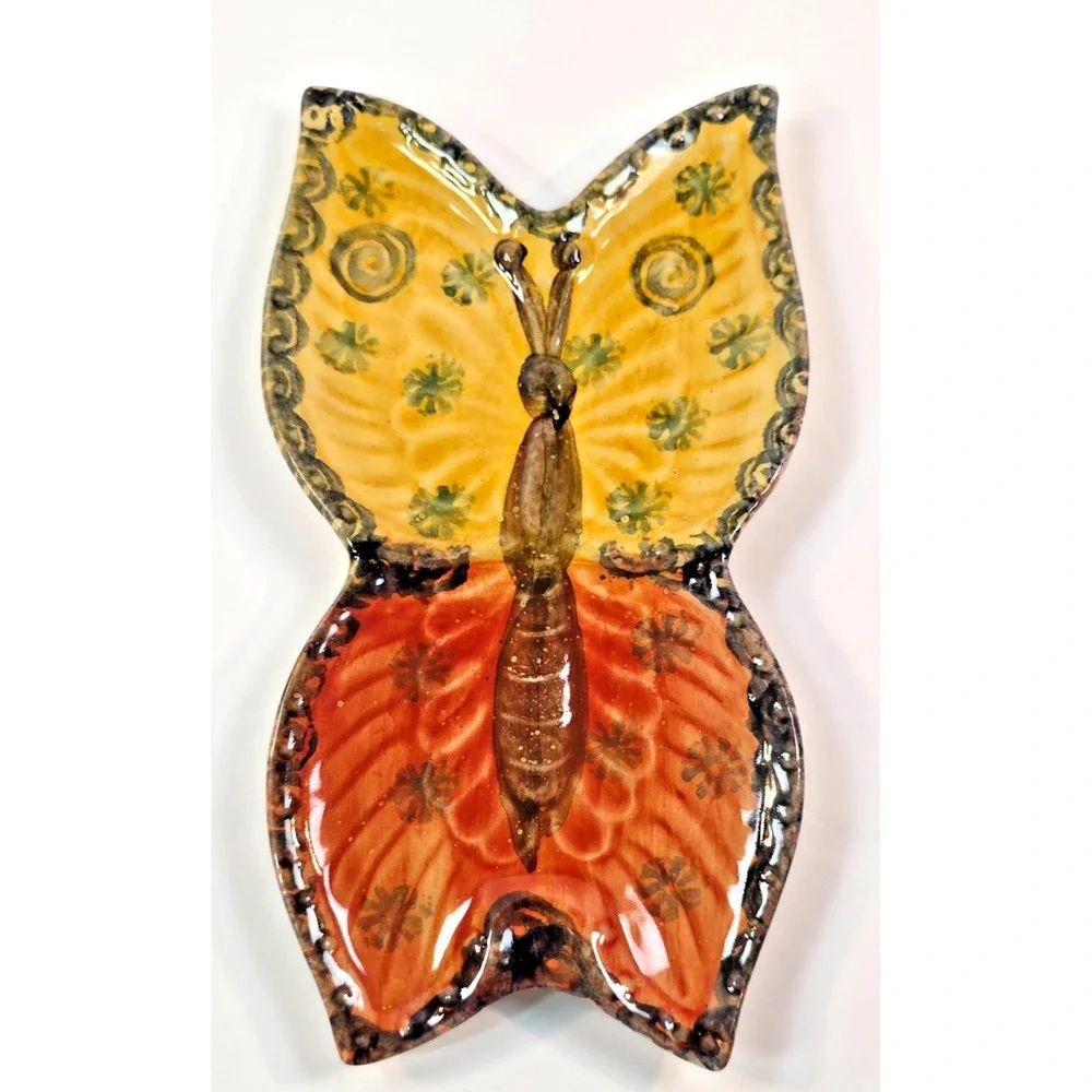 Italian Ceramic Butterfly Wall‎ Plaque Hand Painted Orange Yellow 9.25